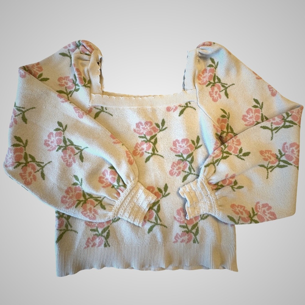 Willow & Wind Floral Square Neck Puff Sleeve Sweater Cream Pink XS Cottagecore